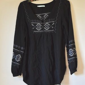 MAURICES Black Tunic Blouse w/ Embroidered Design